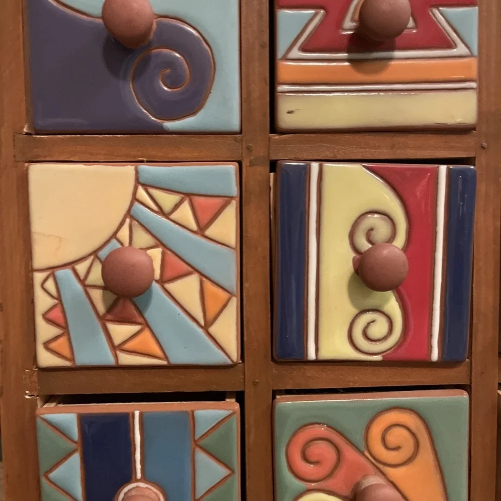 Hand Painted Ceramic Wood Apothecary 9 Drawer Chest Jewelry Spices Trinkets Vtg‎